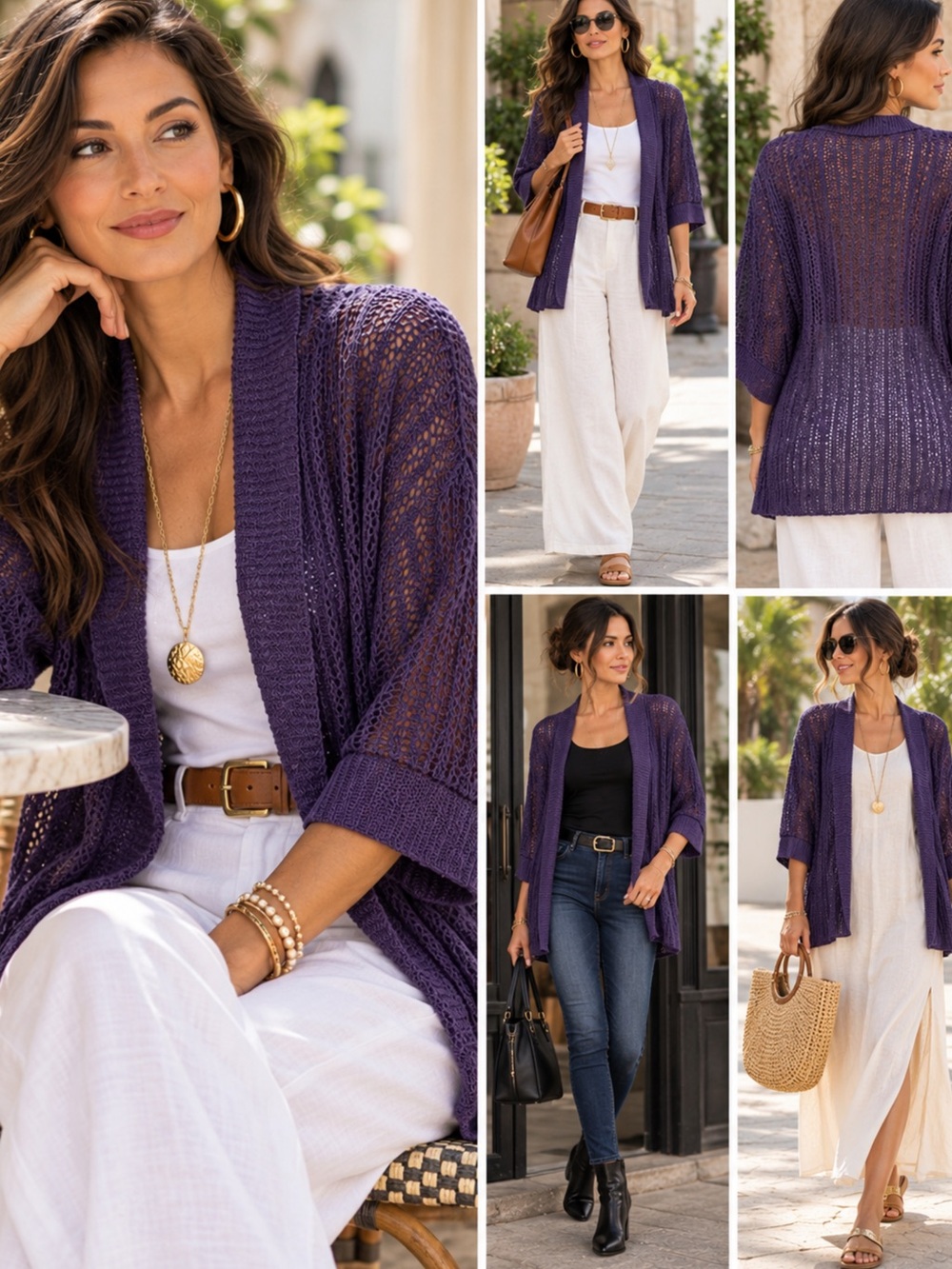 Eileen Fisher Linen Cotton Open Knit Cardigan Sheer Purple Lagenlook Layer  LARG